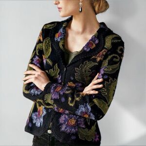Peruvian Connection Black Floral Cardigan Sweater Medium Pima Cotton Button Up